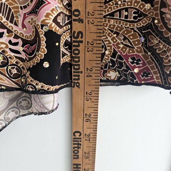 VTG XL Babydoll Top 3/4 Sleeve Brown Pink Sequin Paisley Asymmetrical Fairy Y2K‎ - Picture 7 of 7